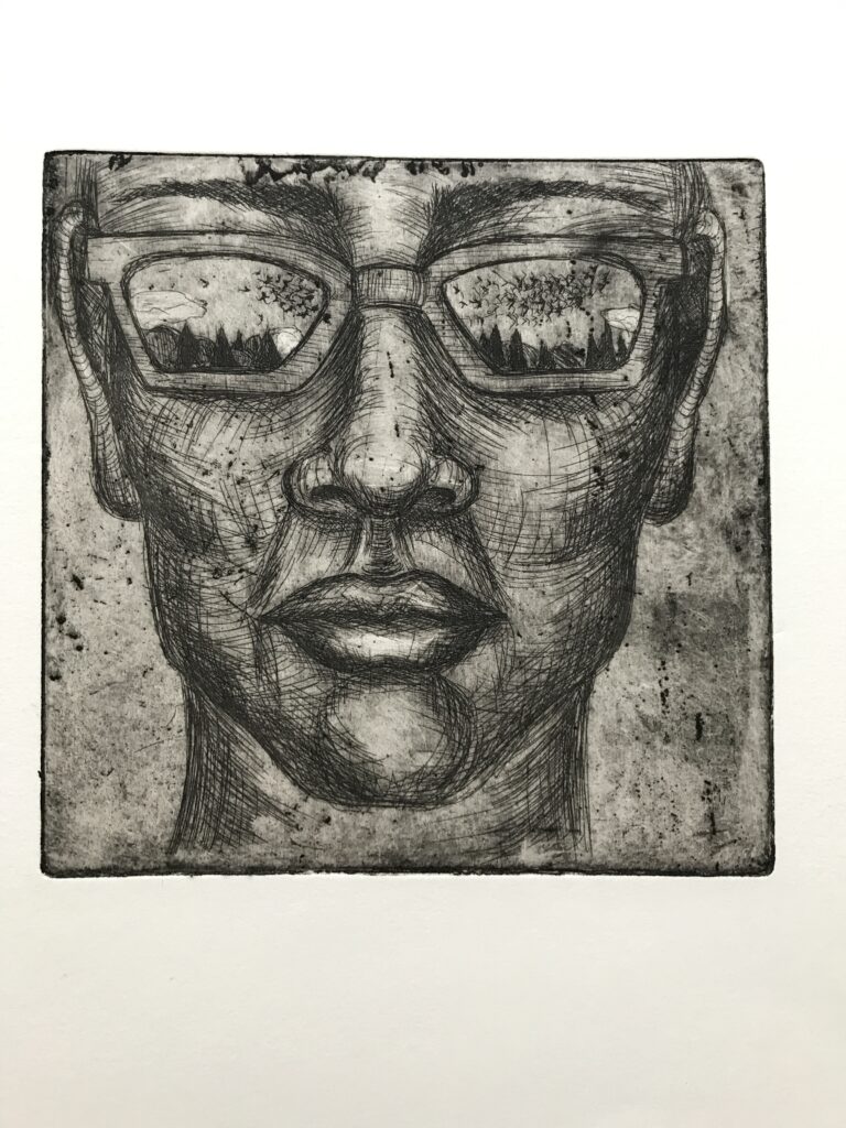 Kupferstich von Frau mit Sonnenbrille