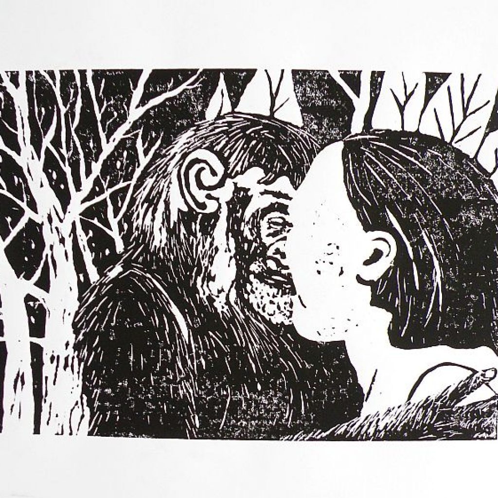 Linoldruck Mensch küsst Affe