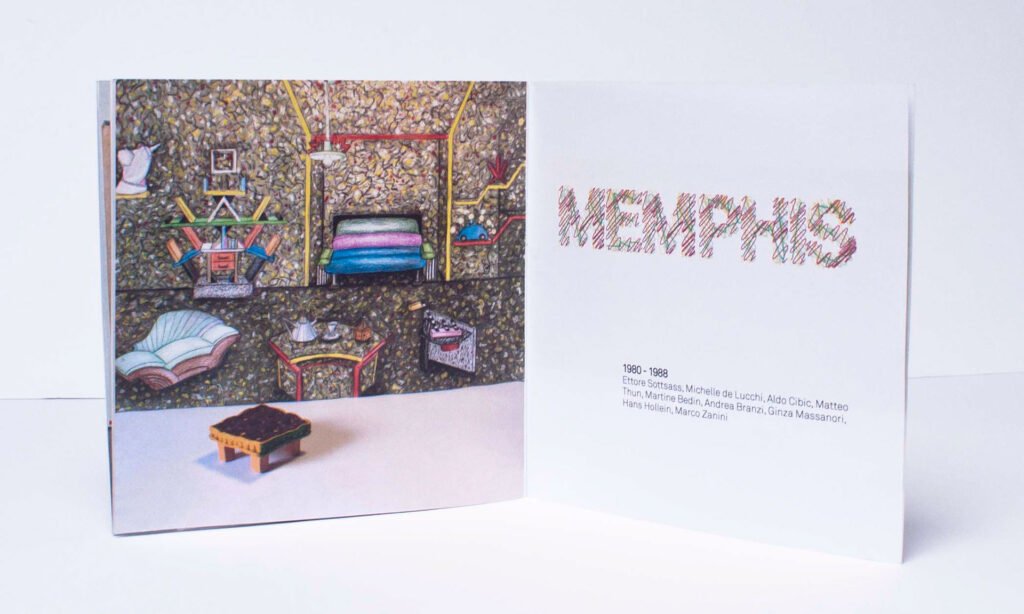 CD Innenheft mit Illustration von Memphis Raumgestaltung und Miniaturstuhl