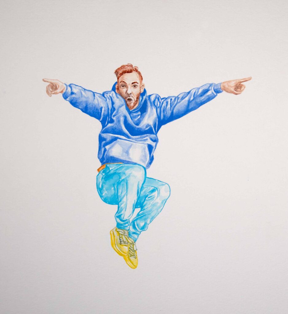 Mann, rote Haare, Hip Hop Dance Jump, Arme Ausgebreitet, blaue Kleidung, gelbe Schuhe