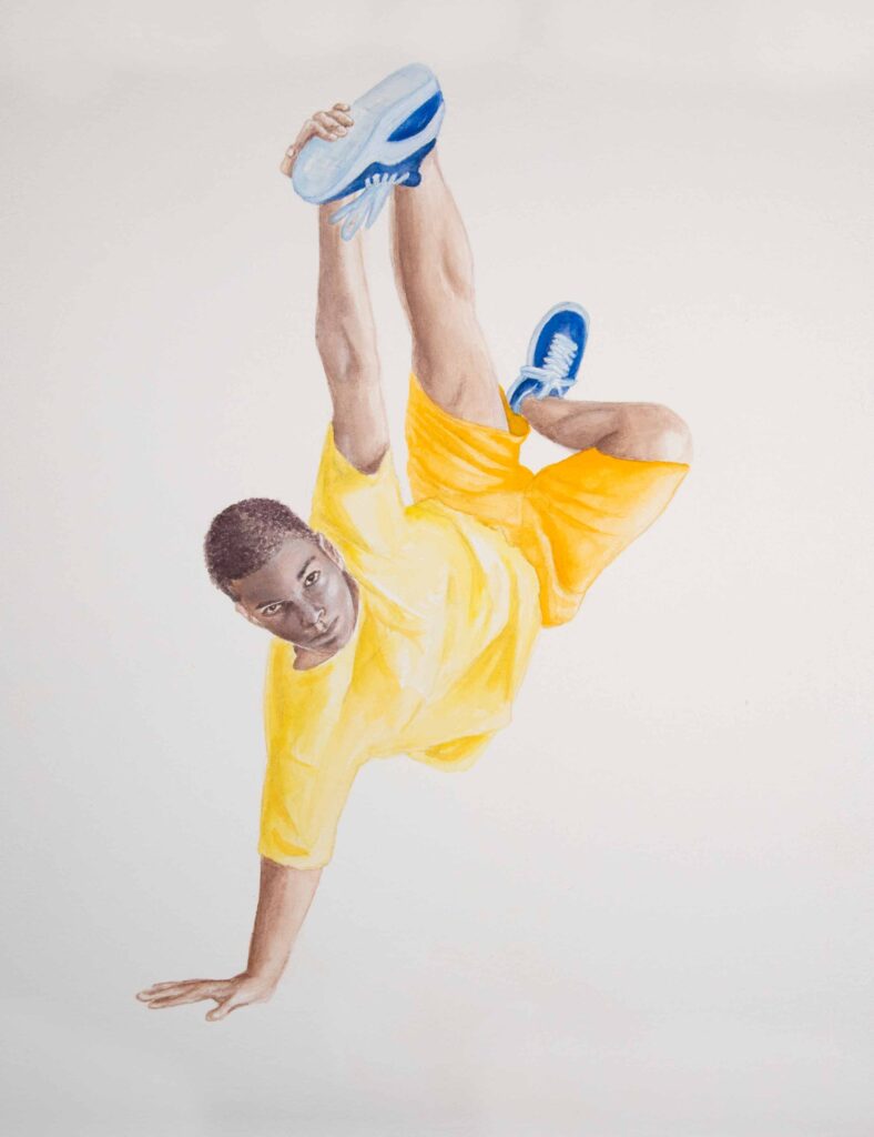 dunkelhäutiger Mann Hip Hop Dance Handstand, gelbe Sportkleidung, blaue Schuhe