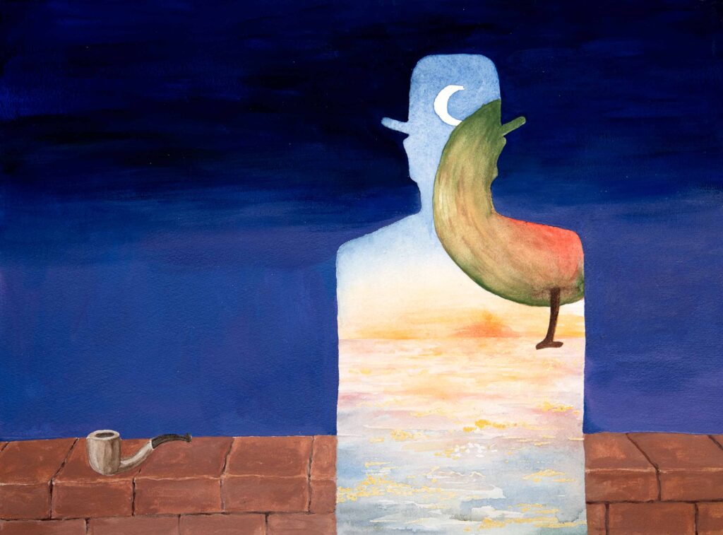 surreale Malerei von Silhouette von Mann mit Hut vor Mauer mit Pfeife. In der Silhouette sieht man den Mond über Wolken Sonnenuntergang und einem großen schwebenden Apfel
