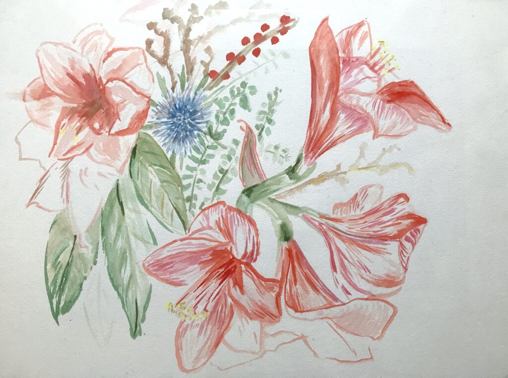 Gouache Malerei von roten Blüten in Blumenstrauß