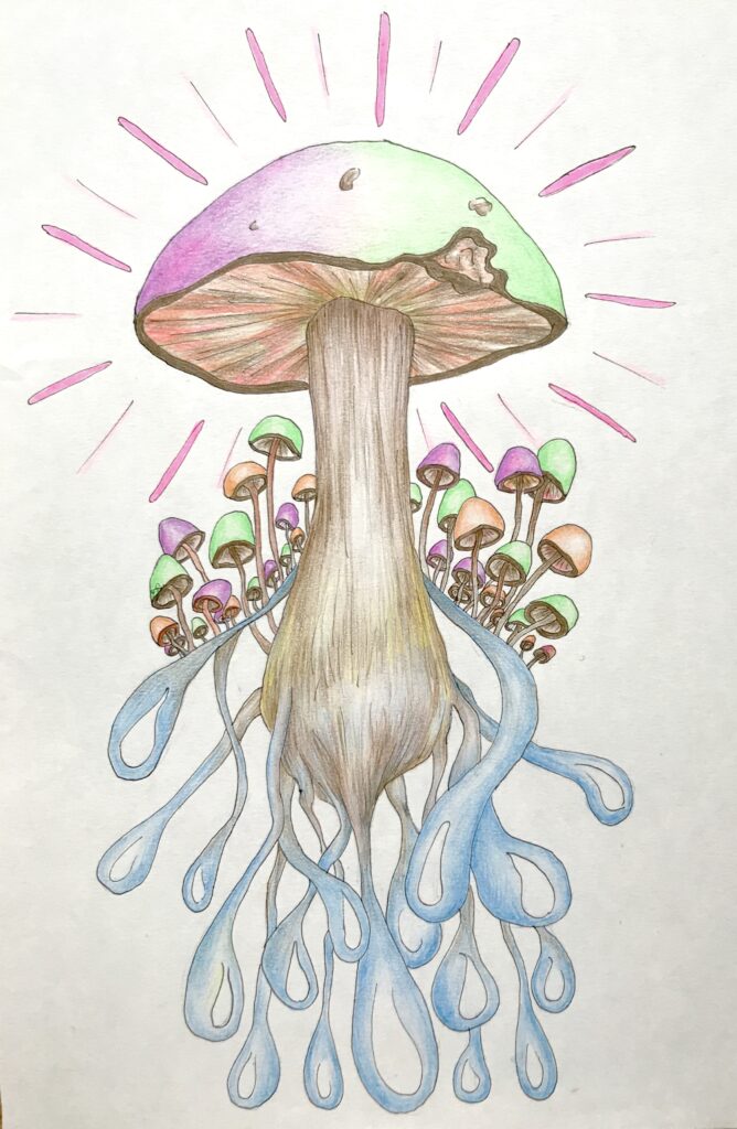 Farbstift Zeichnung psychedelischer Pilz mit kleinen Pilzen und Wassertropfen darunter