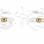 Zeichnung von Augen mit Falten und Emojis in Iris