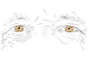 Zeichnung von Augen mit Falten und Emojis in Iris
