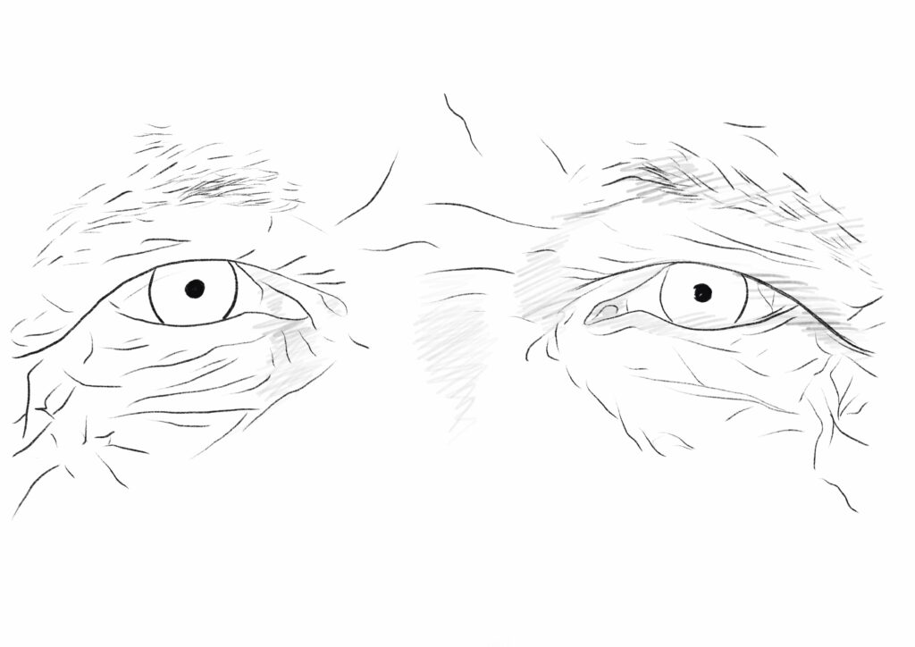 Zeichnung von Augen mit Falten, alter Mann