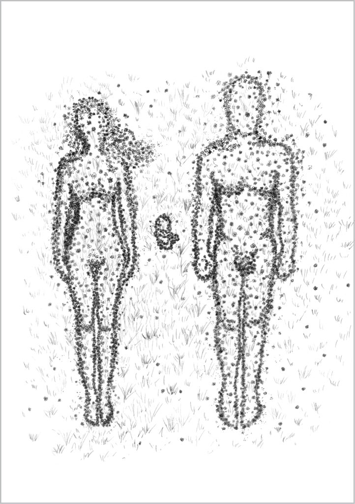 Zeichnung von Vater Mutter Embryo geformt aus kleinen Blumen
