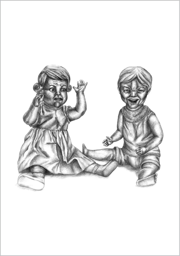 Zeichnung von zwei sitzenden gruseligen Puppen