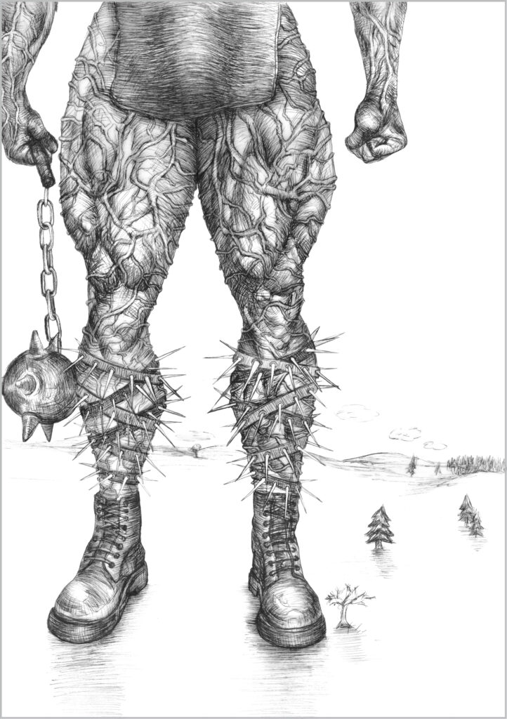 Zeichnung von Beinen eines Riesen mit Adern, Stiefeln, Morgenstern und Stacheln