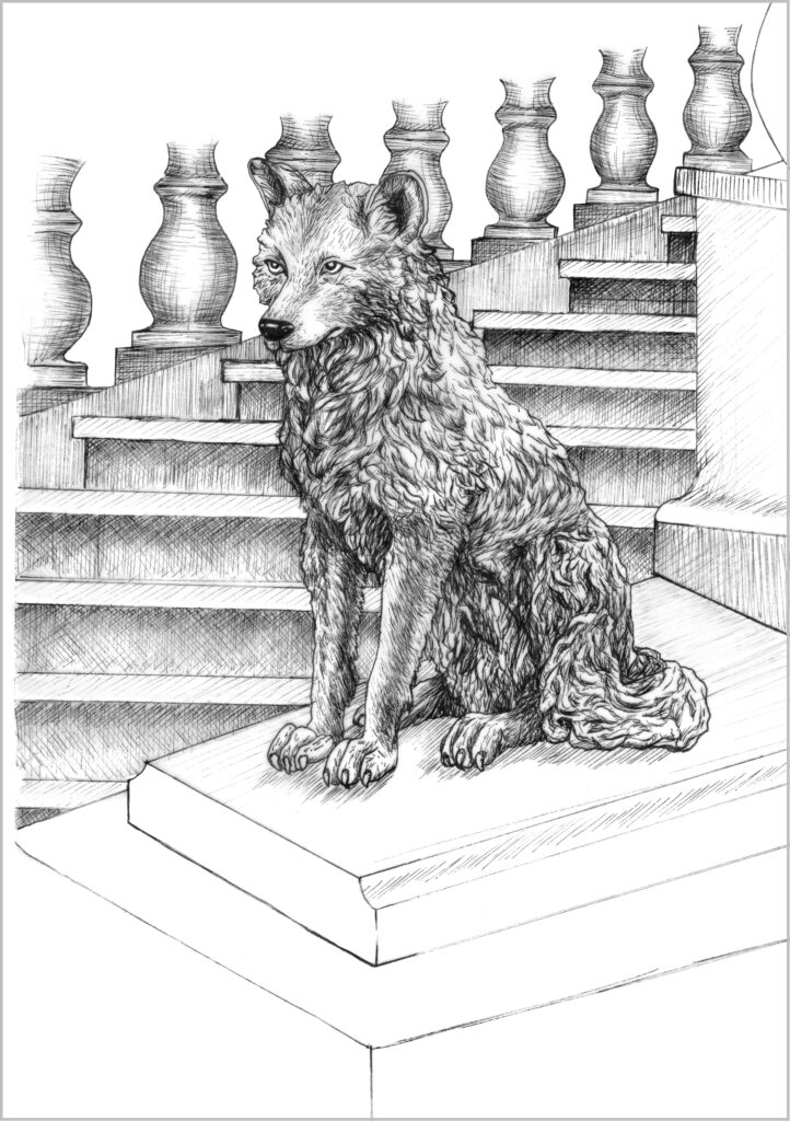 Zeichnung von Wolfstatue auf Treppenabsatz