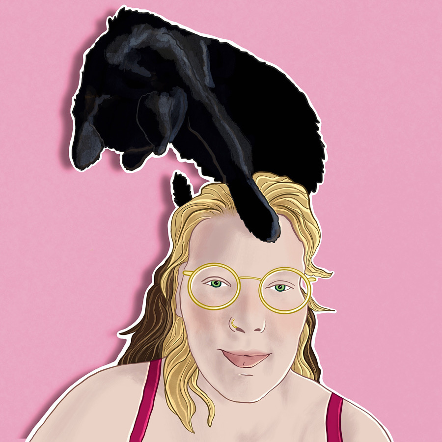 digitale Zeichnung schwarze Katze berührt mit Pfote das Gesicht von blonder liegender Frau mit Brille vor rosa Hintergrund