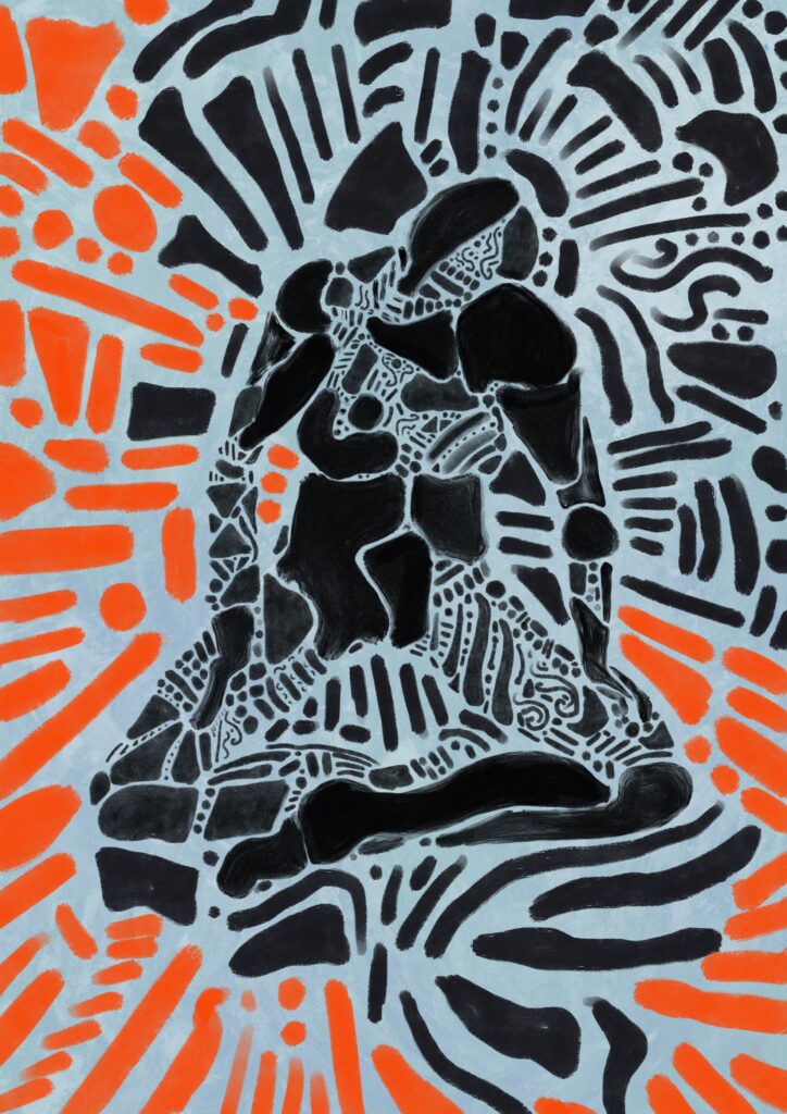 digitale Zeichnung abstrakt von Mensch in Lotussitz schwarz und organge auf grau