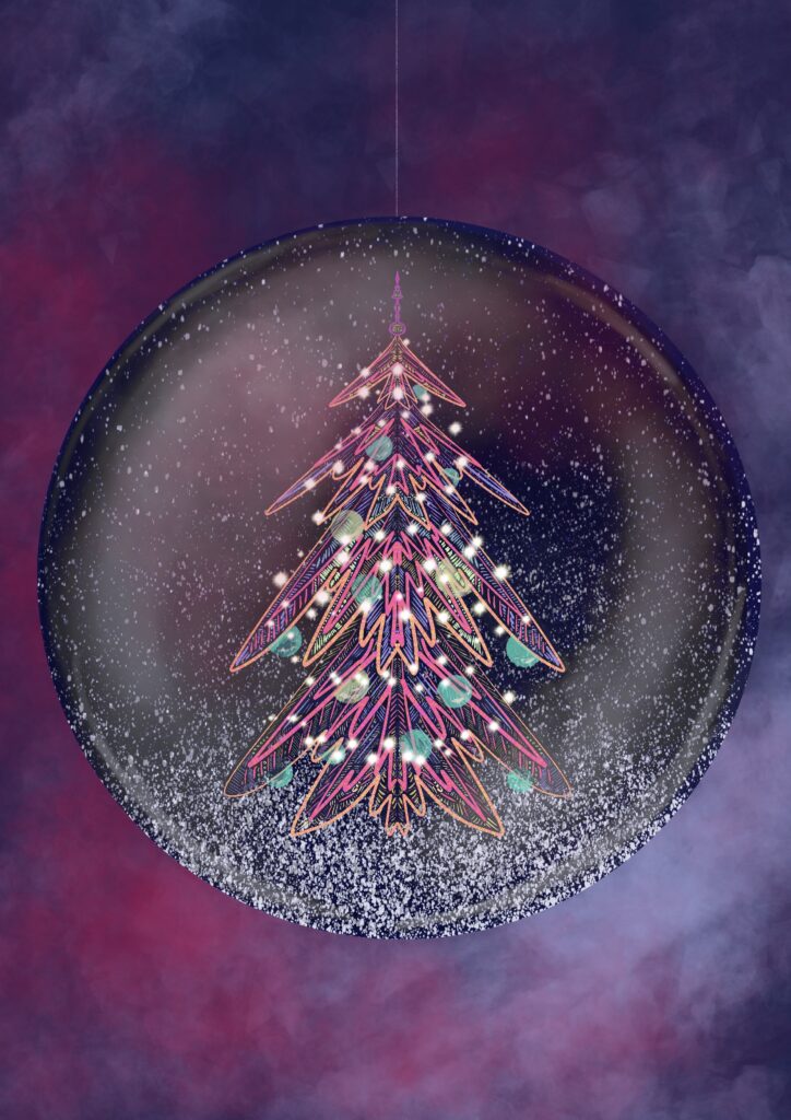 digitale Zeichnung von Weihnachtsbaum in Weihnachtskugel vor violettem Hintergrund mit Nebel, christmas tree in glass ball