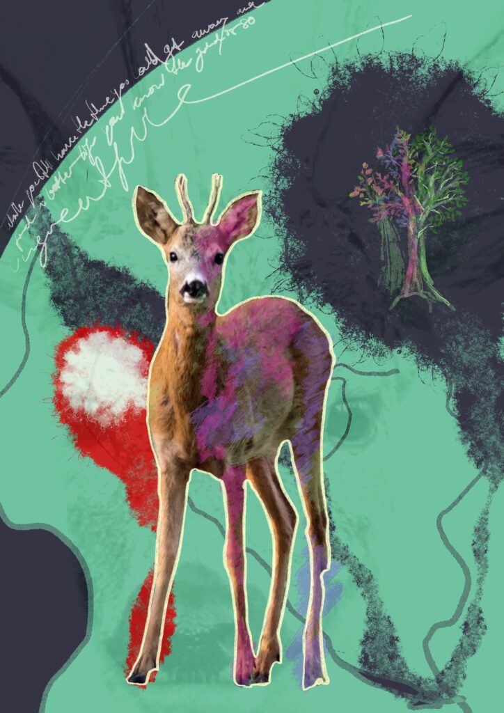 digitale Zeichnung von Reh vor abstrakten grünen und roten Farbflächen und gezeichnetem Baum