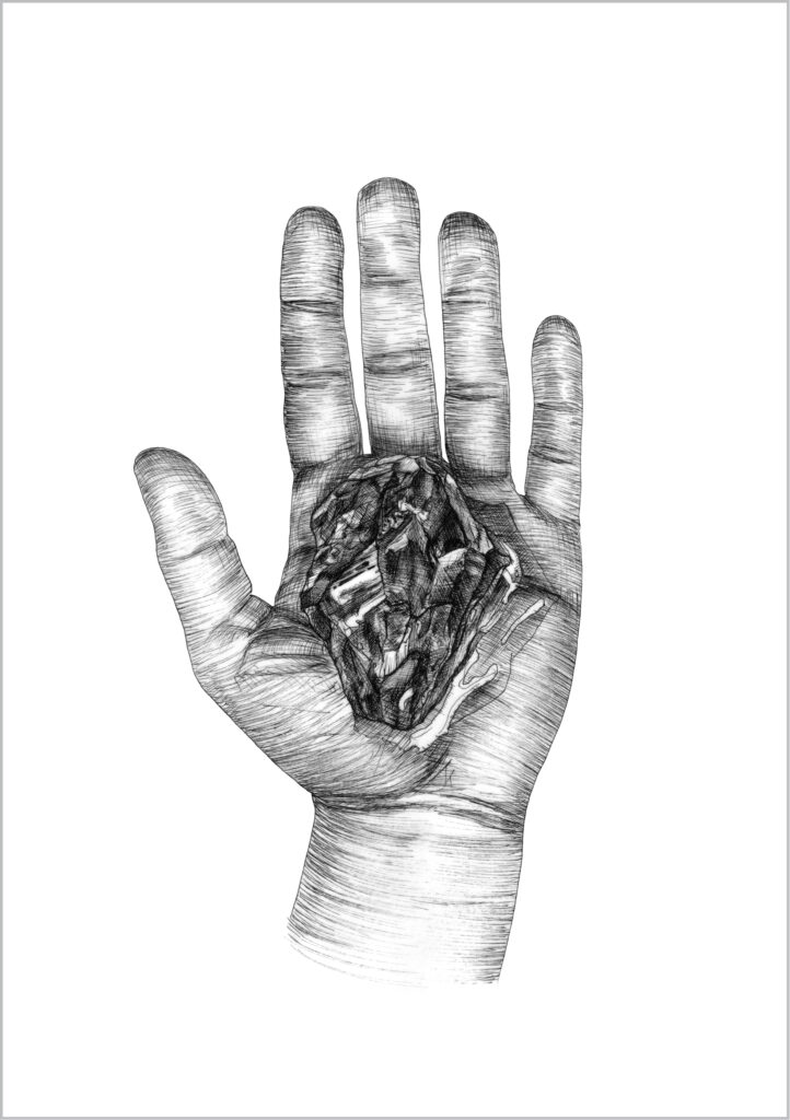 Buchillustration Tuschezeichnung, Hand mit nassem Edelstein