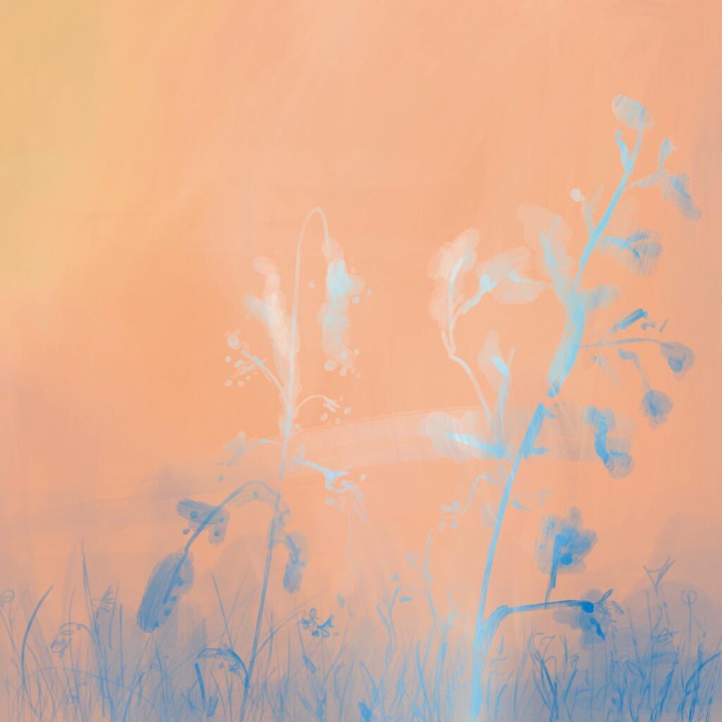 blue flowers on orange, digital painting
