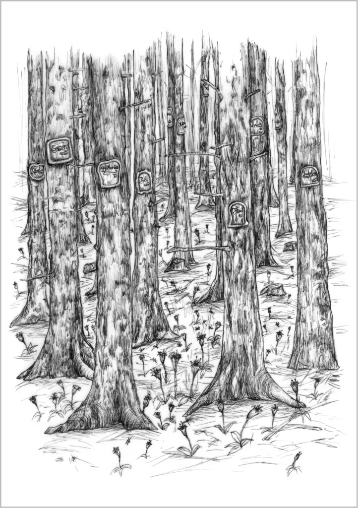 Buchillustration Tuschezeichnung, Wald mit beschrifteten Türchen im Baum