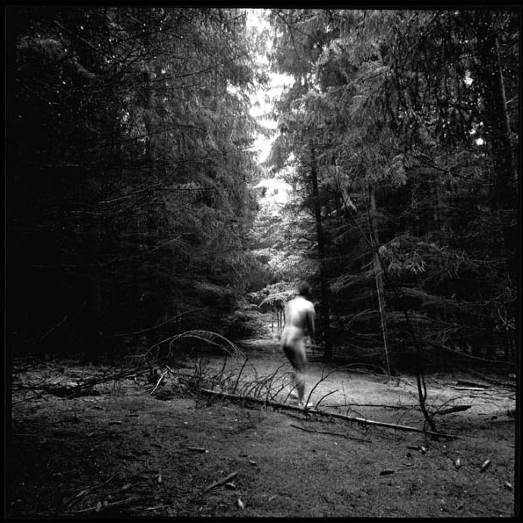 schwarz weiß Fotografie, Nadelwald, nackter Mann steht in der Mitte einer Lichtung