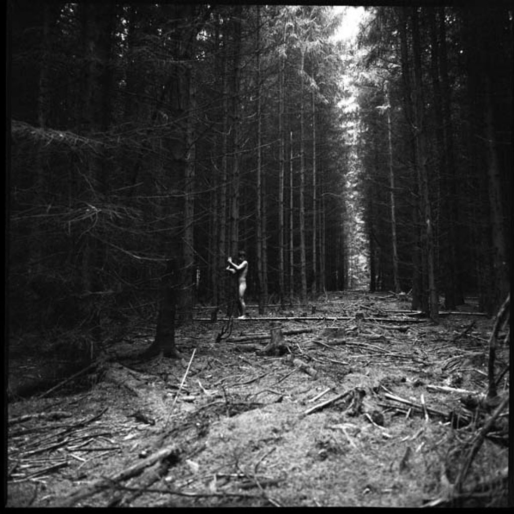 schwarz weiß Fotografie, Nadelwald, nackter Mann umarmt Baum