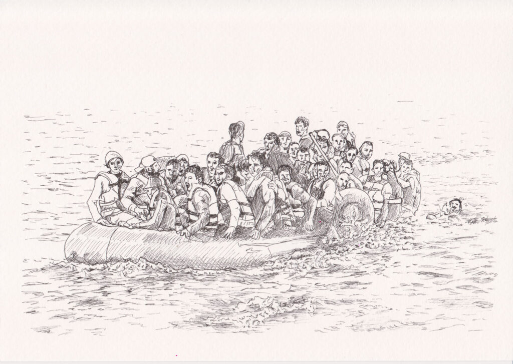 Tuschezeichnung, ein Flüchtlingsboot mit vielen jungen Männern mit Rettungswesten schwimmt auf dem Meer.