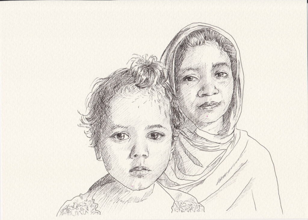 Tuschezeichnung, Portrait eines kleinen Mädchens, hinter ihr eine Frau mit Kopftuch, beide schauen zum Betrachter
