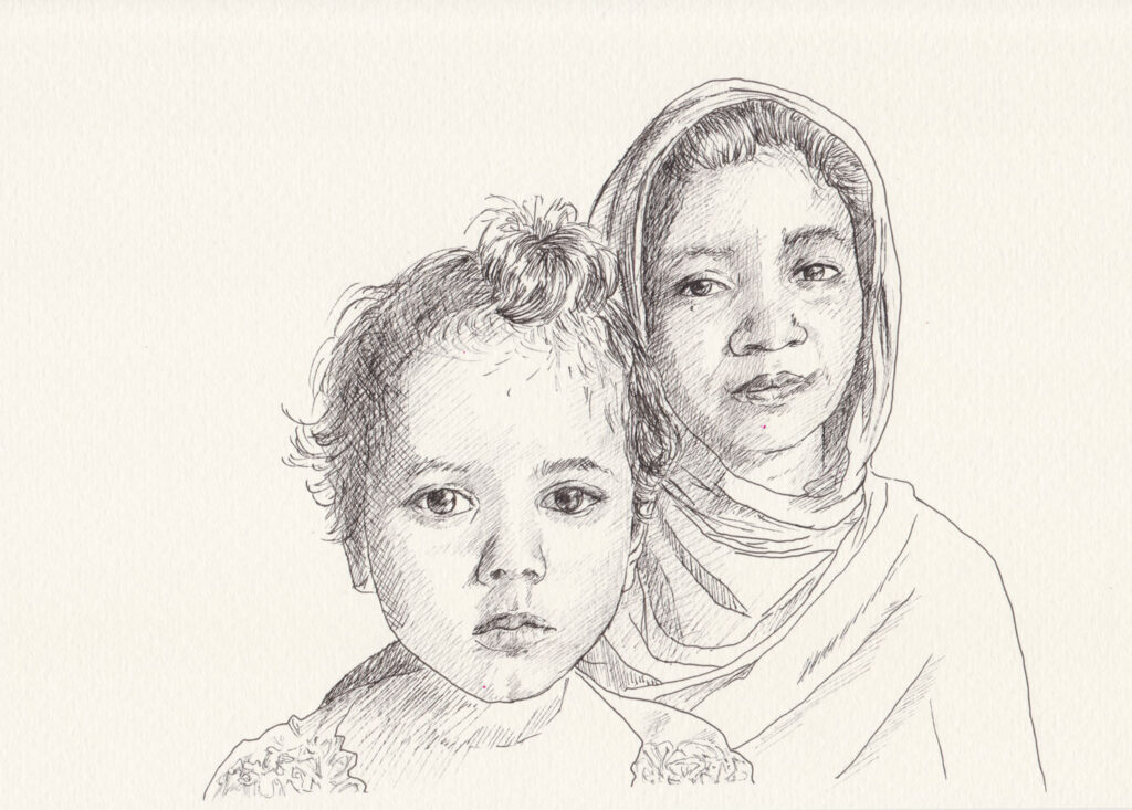 Tuschezeichnung, Portrait eines kleinen Mädchens, hinter ihr eine Frau mit Kopftuch, beide schauen zum Betrachter