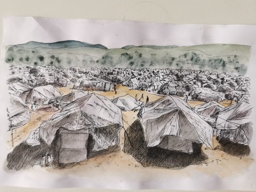 colorierte Tuschezeichnung, Zelte eines großen Flüchtlingscamps auf Moria