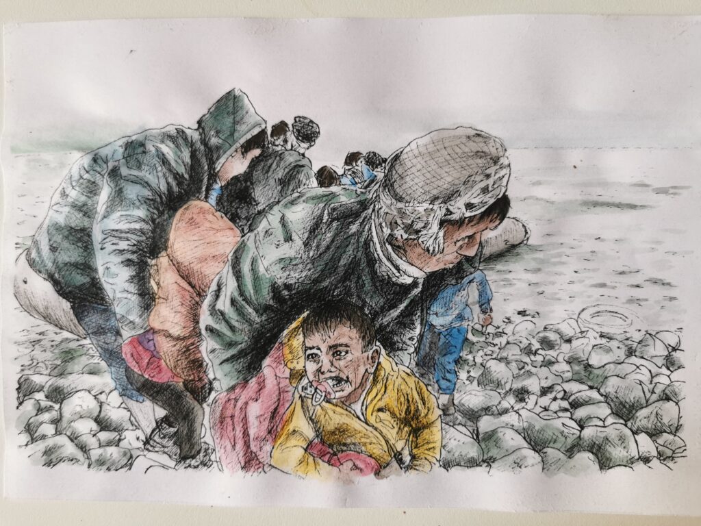 colorierte Tuschezeichnung, Männer bringen Menschen aus Flüchtlingsboot ans Ufer, ein schreiendes Kind im Vordergrund