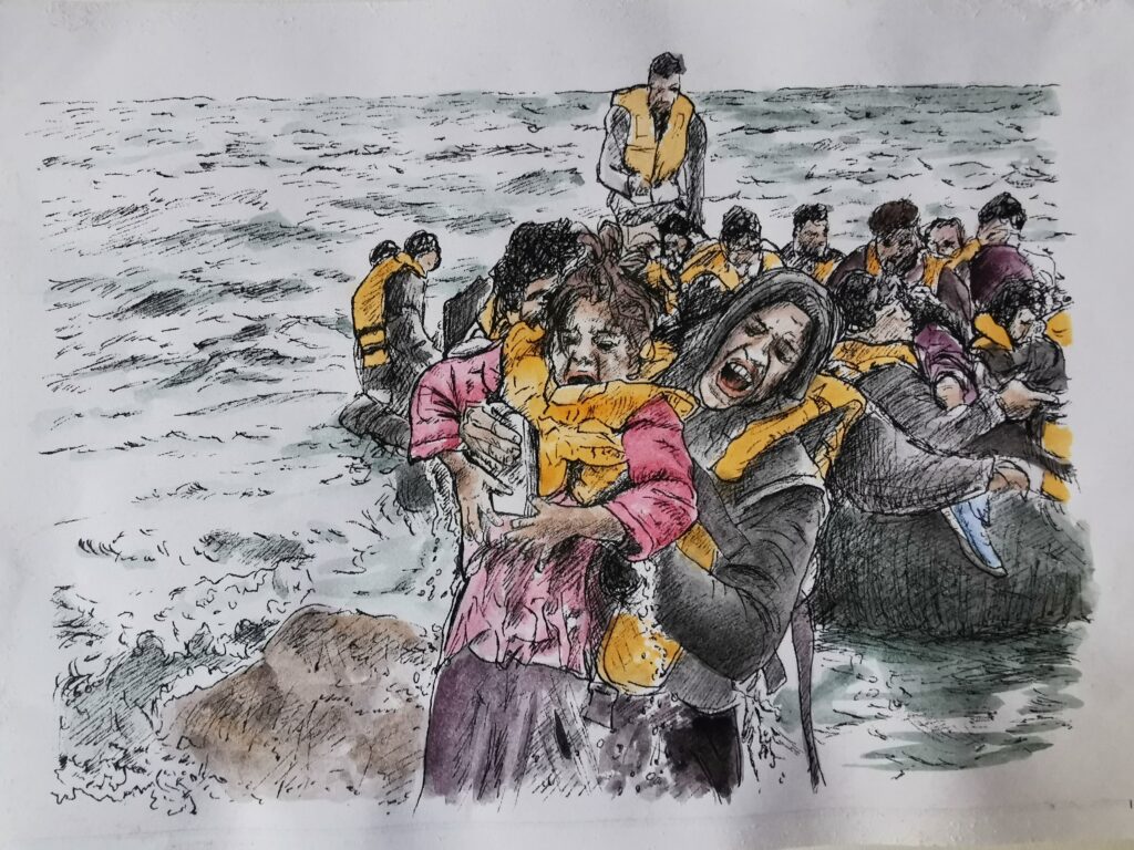 colorierte Tuschezeichnung, Menschen mit Rettungswesten steigen aus Flüchtlingsboot ans Ufer, eine Frau trägt ein triefend nasses weinendes Mädchen vor sich.