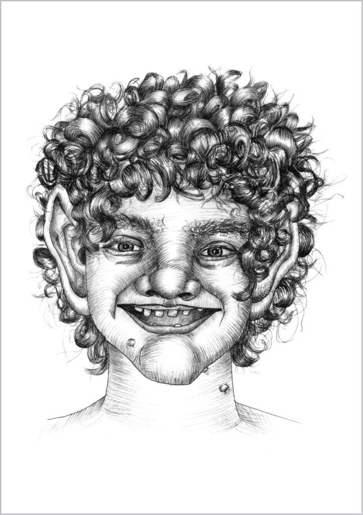 Buchillustration Tuschezeichnung, Portrait kleiner Troll mit Locken