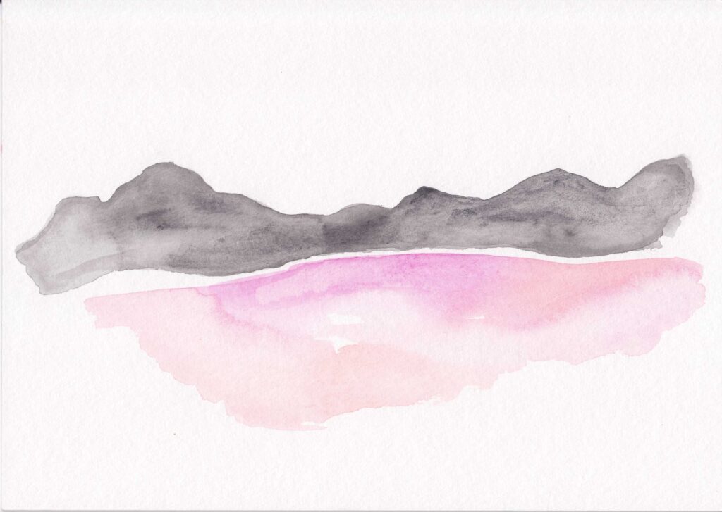 Gouache Zeichnung Malerei, Landschaft in pink und schwarz
