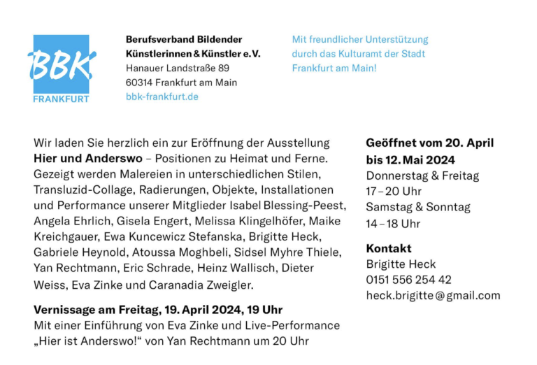 Einladung, BBK Frankfurt, Ausstellung, Vernissage, Hier und Anderswo, Bund bildender Künstler, Melissa Klingelhöfer